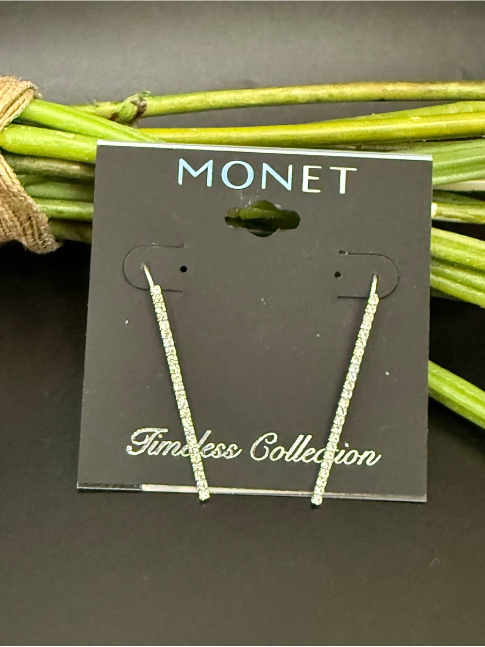 MONET Timeless Collection Silver-tone Pave Crystal Bar Drop Earrings
